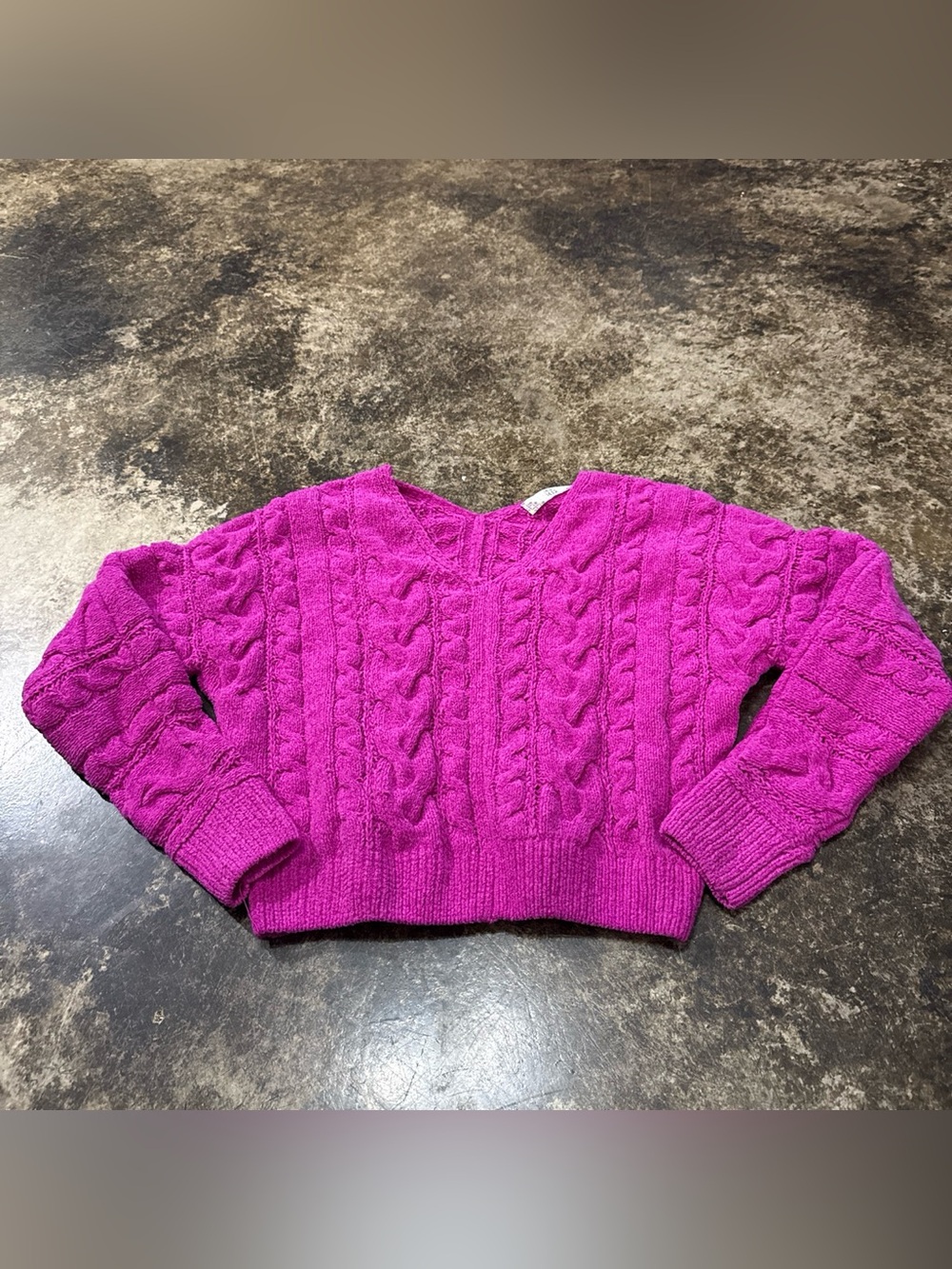 Pink Rose Cable Knit V-Neck Sweater - Bright Fuchsia